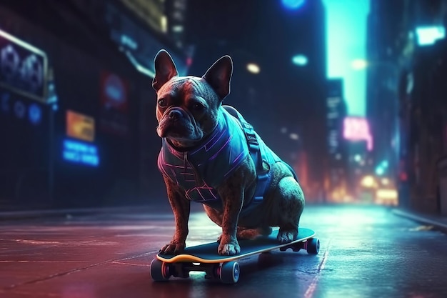 Cachorro skatista anda de skate na estrada para a cidade cyberpunk do futuro à noite com luzes de neon Generative AI