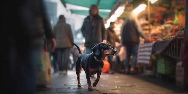 Cachorro solitário em um mercado agitado procurando por seu dono