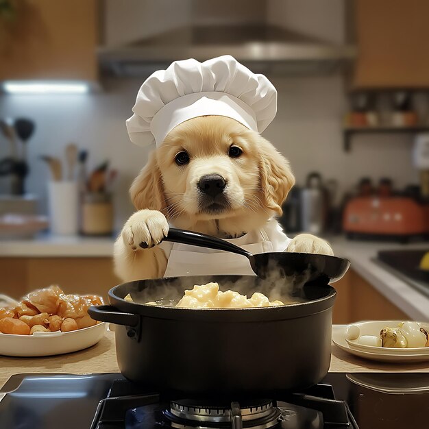 cachorro en sombrero de chef cocinando comida en una olla en una estufa