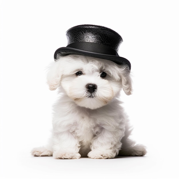 Un cachorro con un sombrero negro.