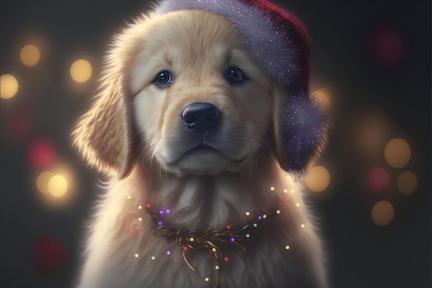 Cachorro con sombrero de santa y árbol de navidad ai generativo