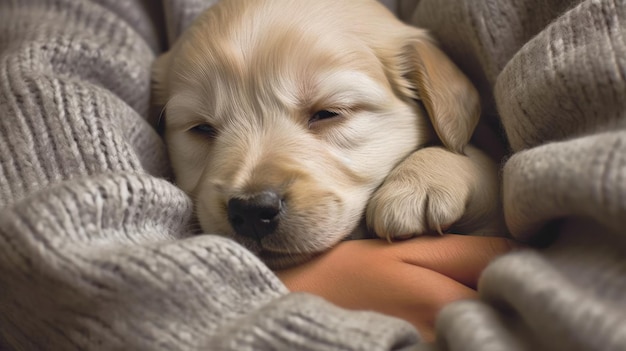 Un cachorro soñoliento abrazado a su dueño generado por IA