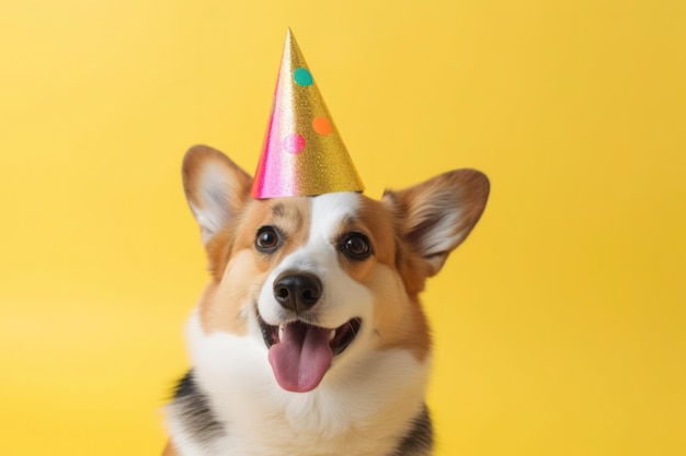 Cachorro sorridente usando chapéu colorido de aniversário generativo ai