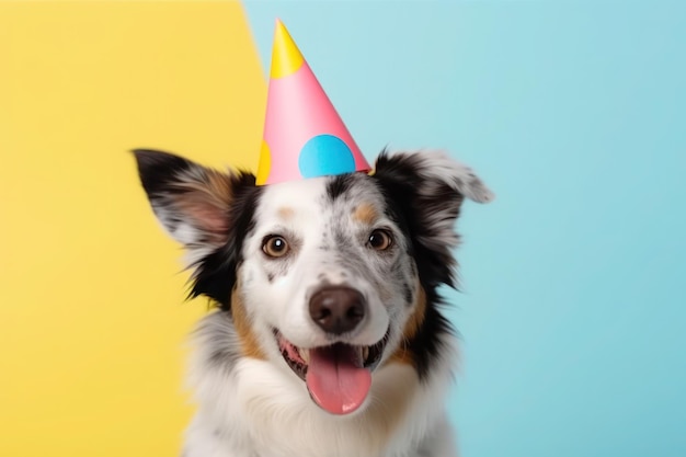 Cachorro sorridente usando chapéu colorido de aniversário generativo ai