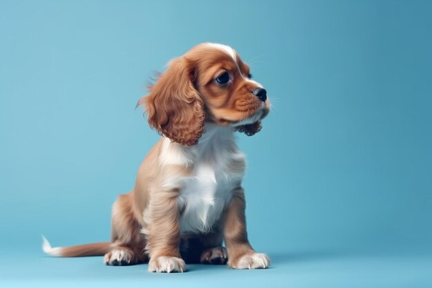 Foto cachorro de spaniel jugando en estudio lindo perrito o mascota está sentado aislado sobre fondo azul el espacio negativo cavalier king charles para insertar su concepto de texto o imagen de movimiento derechos de los animales