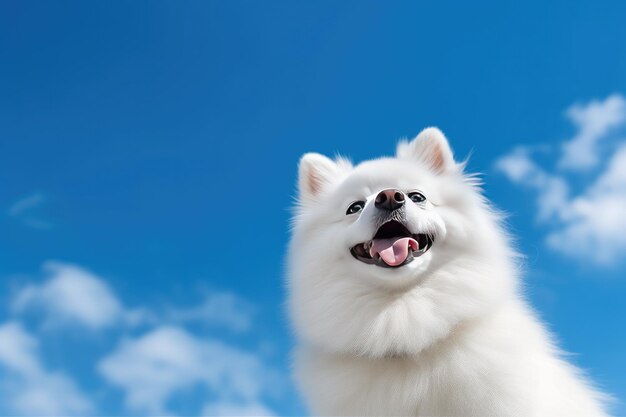 Cachorro spitz de cor branca feliz preparado sobre fundo de céu azul pastel com nuvens fofas com espaço de cópia