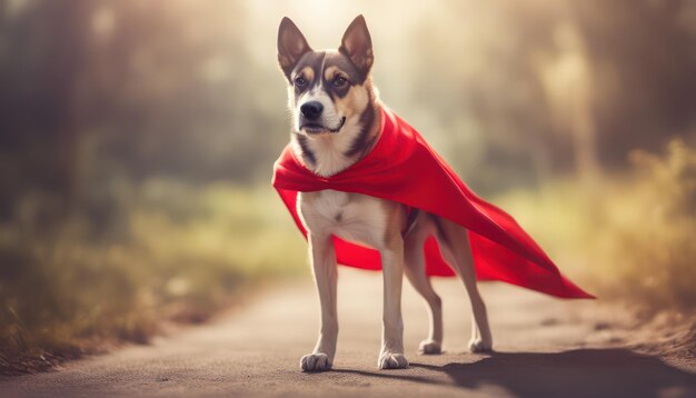 Foto cachorro super-herói com capa vermelha no caminho iluminado pelo sol