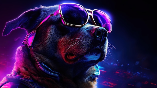 Cachorro Synthwave usando óculos escuros com luzes de néon ao redor da pintura de ilustração do conceito de fantasia