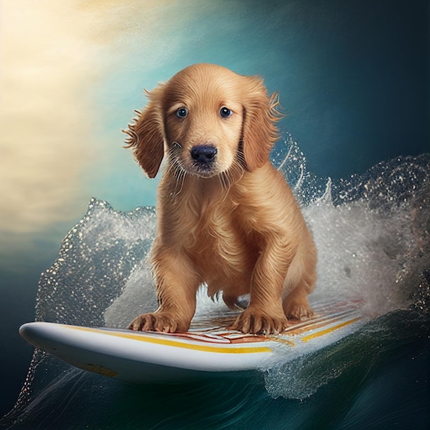 Cachorro en tabla de surf en el agua generativa ai