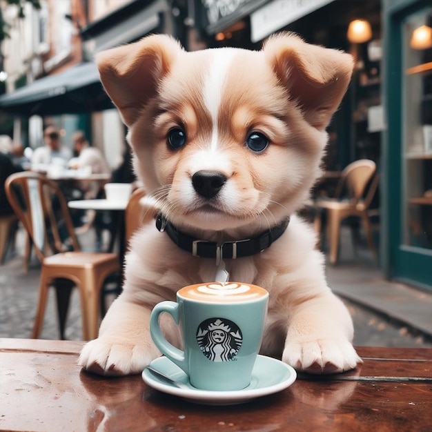 Foto un cachorro con una taza de café en la mesa