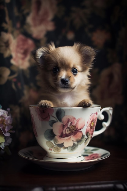 Un cachorro en una taza de té con un patrón de flores.