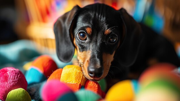 Un cachorro de tequila curioso explorando juguetes coloridos en una configuración de estudio