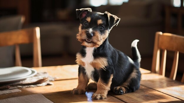 Un cachorro de terrier americano de Staffordshire en la mesa