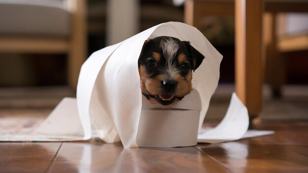 Foto un cachorro de terrier de staffordshire y un rollo de papel higiénico