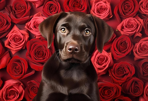 el cachorro tiene ojos grandes en un fondo de rosa roja