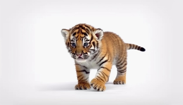 Un cachorro de tigre camina sobre un fondo blanco.