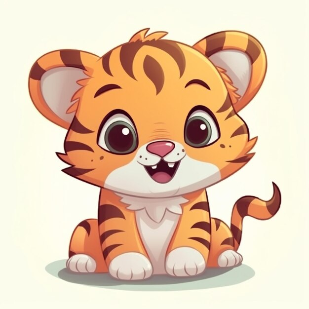 cachorro de tigre de dibujos animados sentado en el suelo con una gran sonrisa ai generativo