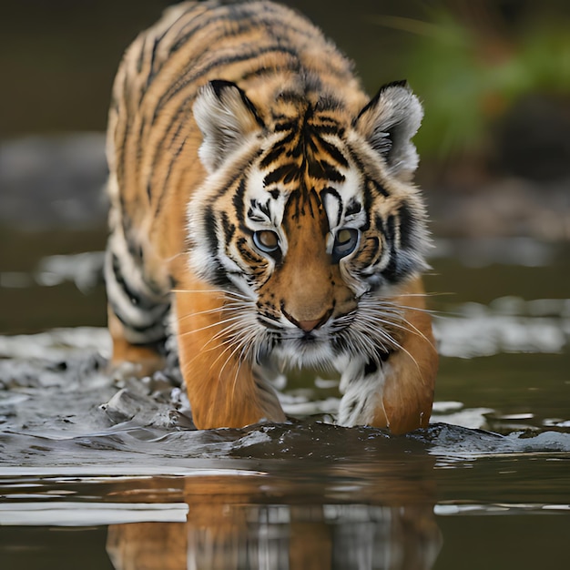 un cachorro de tigre está nadando en el agua y está en el agua