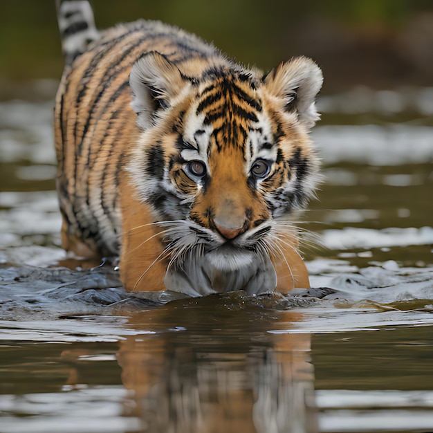 un cachorro de tigre está nadando en el agua y está nadando