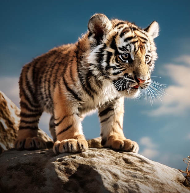 un cachorro de tigre está parado sobre una roca y mirando a la cámara.