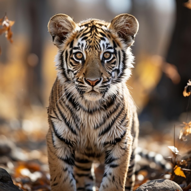 un cachorro de tigre está de pie en el bosque frente a un árbol