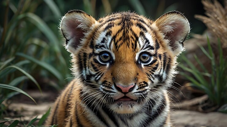 un cachorro de tigre está sentado en la hierba y mirando a la cámara