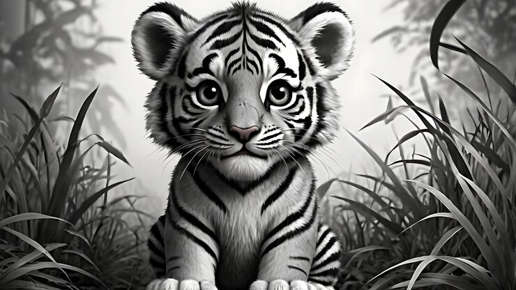 un cachorro de tigre está sentado en la hierba y tiene un patrón a rayas en su cara