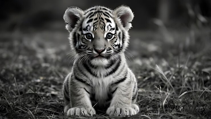 un cachorro de tigre está sentado en el suelo frente a un fondo negro