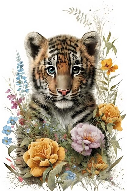 Un cachorro de tigre con flores y flores.