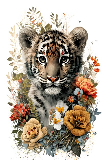 Un cachorro de tigre con flores