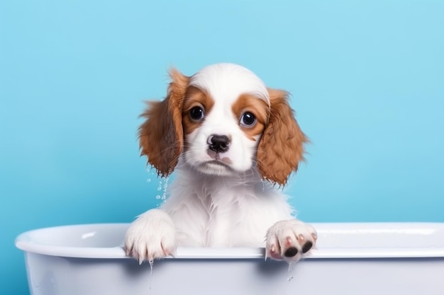 Un cachorro en una tina con agua