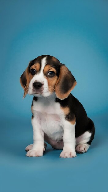 Cachorro tricolor Beagle está posando bonito branco castanho preto cachorrinho ou animal de estimação está sentado em fundo azul