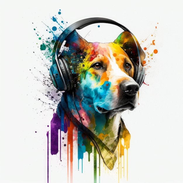 Cachorro usando fones de ouvido com respingos de tinta colorida Generative AI