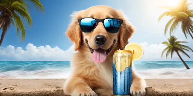 Cachorro usando óculos escuros e com uma bebida generativa ai