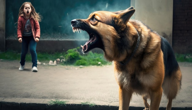 Foto cachorro vadio grande e terrível latindo e rosnando para garotinha andando na rua cachorro raivoso ataca criança