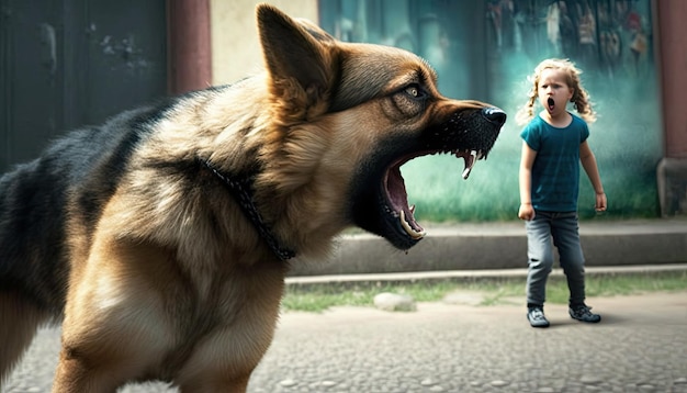 Foto cachorro vadio grande e terrível latindo e rosnando para garotinha andando na rua cachorro raivoso ataca criança