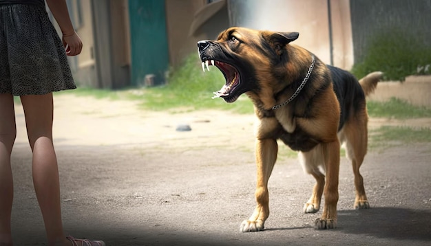 Foto cachorro vadio grande e terrível latindo e rosnando para garotinha andando na rua cachorro raivoso ataca criança
