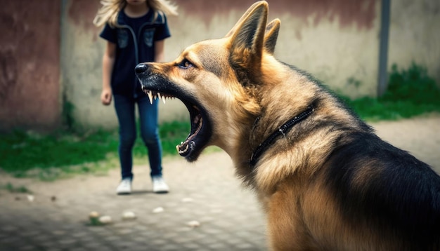 Foto cachorro vadio grande e terrível latindo e rosnando para garotinha andando na rua cachorro raivoso ataca criança