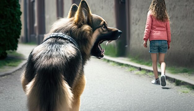 Foto cachorro vadio grande e terrível latindo e rosnando para garotinha andando na rua cachorro raivoso ataca criança