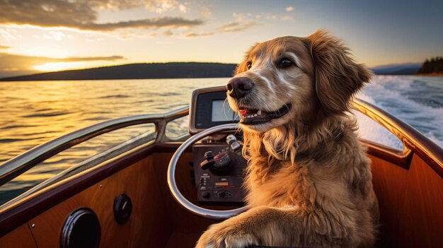 Cachorro vermelho aventureiro com óculos elegantes navega em um barco através do oceano sem fim gerado ai