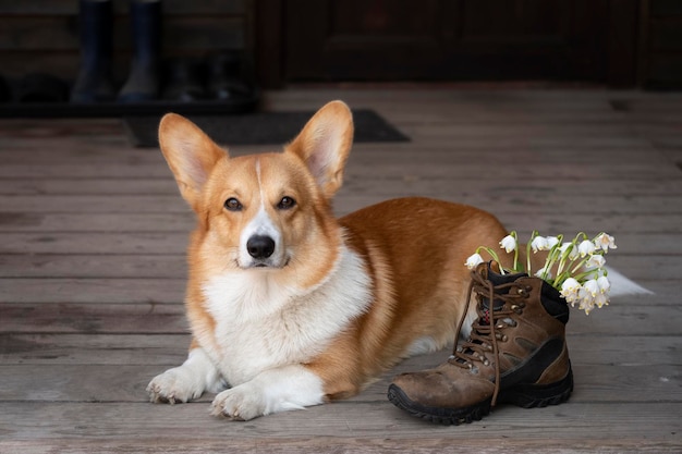 Cachorro vermelho encantador Welsh corgi pembroke está perto de gotas de neve de primavera branca em uma velha bota de trekking para viajar em um fundo escuro