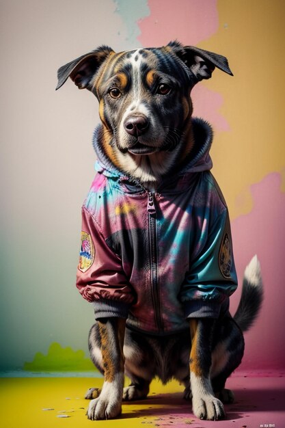 Foto cachorro vestido sentado sob a parede de fundo colorido bonito papel de parede de fotografia hd