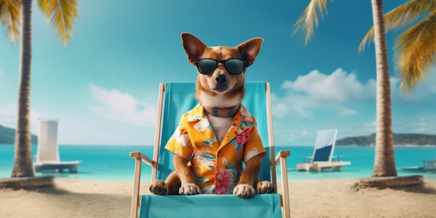 Cachorro vestindo camisa de verão com óculos de sol relaxa na cadeira de praia IA generativa