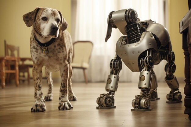 Foto cachorro vivo fica ao lado de um cachorro-robô de última geração