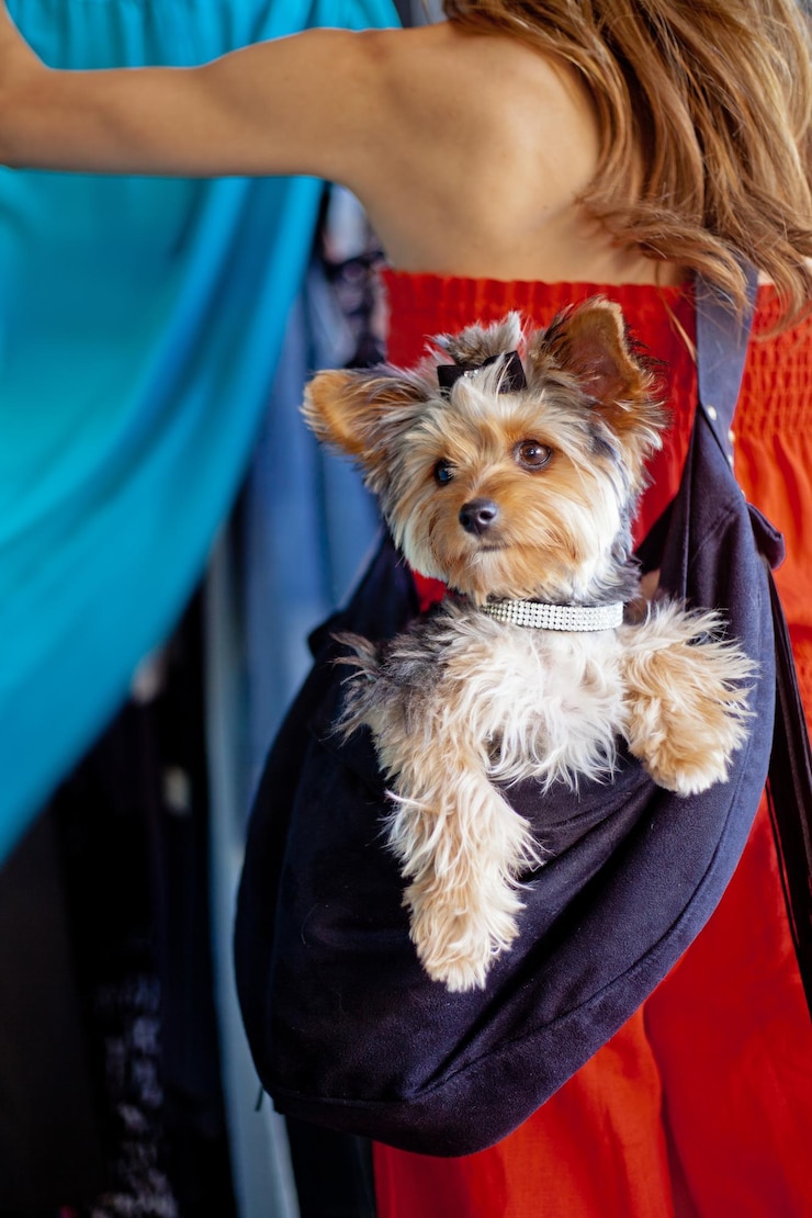 Foto cachorro yorkshire terrier fazendo compras