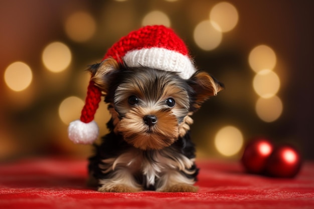 Cachorro Yorkshire terrier fofo com chapéu de Papai Noel em fundo de Natal