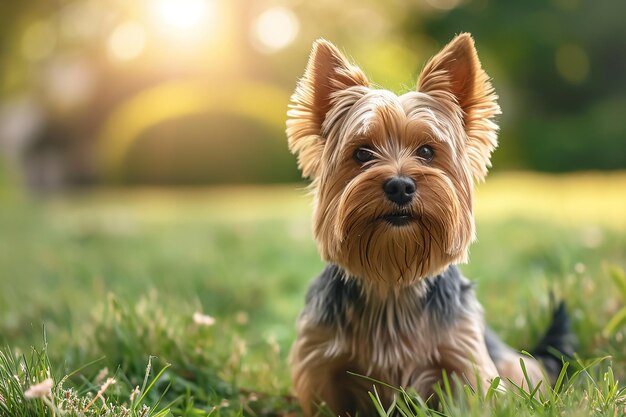 cachorro yorkshire terrier lindo retrato de primavera cachorrinho caminhando no parque verde