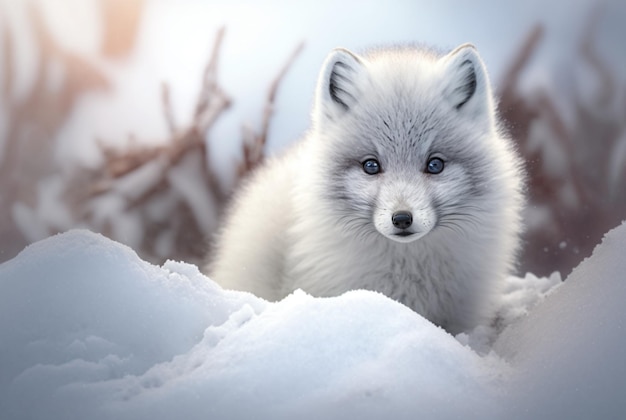 Cachorro de zorro ártico Vulpes Lagopus en hábitat de nieve ai generativo