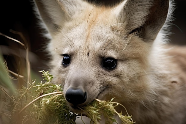 Un cachorro de zorro está comiendo hierba en otoño.