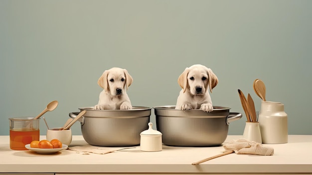 cachorros adorables participando en actividades divertidas dentro de una cocina minimalista moderna